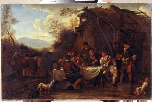 Veselé setkání (Merrymeeting). Obraz Jana Miela (1599-1664). Umění ve vlámském barokním stylu. Olej na plátně. Regionální muzeum umění I. Kramskoi, Voroněž (Voronezh, Rusko).