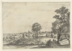 Krajina se dvěma muži na polní cestě a pohled na vesnici Krajiny (název série) od Jan van Brosterhuyzen
