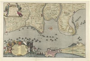 Mapa spojeneckého vylodění a expedice v Cádizu, 1702 Plán Dissante of Landing in Spangien for Cadix with Campements and Marse vypracovaný vévodou z Ormontu a generálmajorem a baronem de Spar Ceedertem 26. srpna do od Jan van Call (I)