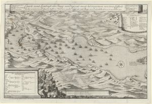 Bitva o záliv u Viga a dobytí španělské stříbrné flotily, 1702 Caarte vande Landingh v zálivu Vigos jako součást zajetí dvou Casteelů a zajetí španělské stříbrné flotily kotvící v Baay pro Redondella den