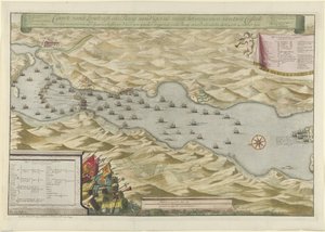 Bitva o záliv u Viga a dobytí španělské stříbrné flotily, 1702 Caarte vande Landingh v zálivu Vigos jako součást zajetí dvou Casteelů a zajetí španělské stříbrné flotily kotvící v Baay pro Redondella den