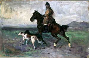 Rider with Greyhounds, cca 1890 (olej na palubě)