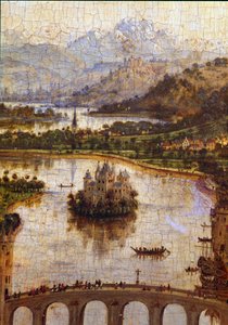 Krajina”” Detail “”Panny kancléře Rolina””” Nicolas Rolin (1376-1461) byl kancléřem Burgundska za Philippa Le Bona a zakladatelem Hospices de Beaune v roce 1443. Obraz Jana van Eycka (1390-1441) od Jan van Eyck