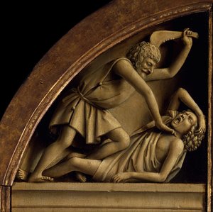 Gentský oltář. Klanění mystického beránka: Kain zabil Abela, 1432. od Jan van Eyck