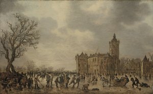 Zimní krajina s postavami na ledě u hradu Montfoort od Jan van Goyen