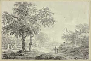 Muž a chlapec jdou po vesnické silnici od Jan van Goyen