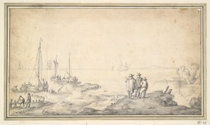 Tři postavy na duně s výhledem na záliv s loděmi od Jan van Goyen