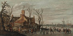 Zimní krajina s postavami na ledě u chaty od Jan van Goyen