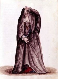 Benátská kurtizána v 18. století. Kresba akvarelem a tuší z rukopisu „Custom of the Venitians““ od Jana van Grevenbroecka (nebo Giovanniho Grevembrocha (Grevenbroch) (1731-1807) od Jan van Grevenbroeck