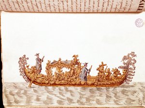 Královská gondola - Kresba akvarelem a tuší z rukopisu „Custom of the Venitians““ od Jana van Grevenbroeka (nebo Giovanniho Grevenbroicha (Grevenbroich) (1731-1807) od Jan van Grevenbroeck
