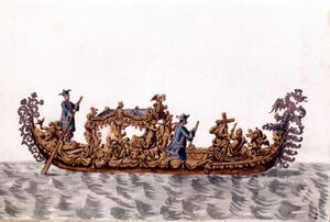 Královská gondola. Kresba akvarelem a tuší z rukopisu „Custom of the Venitians““ od Jana van Grevenbroeka (nebo Giovanniho Grevenbroicha (Grevenbroich) (1731-1807) od Jan van Grevenbroeck