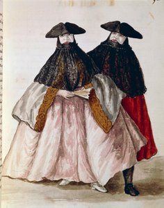 Karnevalové postavy v Benátkách, ilustrace z Ilustrované knihy benátských kostýmů, od Jana Grevenbroecka (1731-1807), akvarel, Itálie