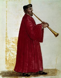 Hráč na flétnu Kresba akvarelem a tuší z rukopisu „Customs of Venitians““ od Jana van Grevenbroeka (nebo Giovanniho Grevenbroicha (Grevenbroich) (1731-1807) od Jan van Grevenbroeck