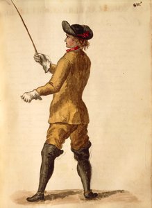 Gentleman v jezdeckém kostýmu, Jan van Grevenbroeck nebo Giovanni Grevembroch (1731-1807), Gli Donne de Veneziani, z ilustrované knihy kostýmů, akvarel od Jan van Grevenbroeck
