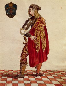 Oblek rytíře Bratrstva de la Calza (Punčocha) v roce 1564, Jan van Grevenbroeck nebo Giovanni Grevembroch (1731-1807), Gli Abiti de Veneziani, z ilustrované knihy kostýmů, akvarel od Jan van Grevenbroeck