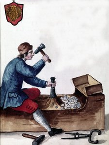Výroba mincí Benátské republiky: fáze ražby. Kresba akvarelem a tuší z rukopisu „Custom of the Venitians““ od Jana van Grevenbroecka (nebo Giovanniho Grevembrocha (Grevenbroch) (1731-1807) od Jan van Grevenbroeck