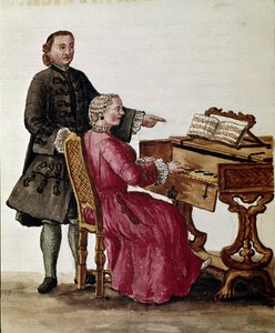 Zpěvák (Operní pěvec hrající na klavír) Kresba akvarelem a tuší je převzata od Jana van Grevenbroeka (nebo Giovanniho Grevenbroicha (Grevenbroich) (1731-1807) od Jan van Grevenbroeck