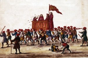 Benátské večírky. Princ, který byl právě zvolen, je triumfálně nesen pracovníky Arsenalu na náměstí svatého Marka. Během kurzu hází mince do davu. Kresba akvarelem a tuš je nakreslena z rukopisu „Custom of the Venitians“ od od Jan van Grevenbroeck