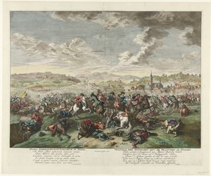 Jezdecká bitva v severní Itálii, asi 1702-1703 Pugna Germanorum et Gallorum v Itálii / Bitva Němců s Francouzi v Itálii (název na předmětu) od Jan van Huchtenburg