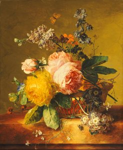 Růže a jiné květiny v košíku na mramorové římse, c.1742