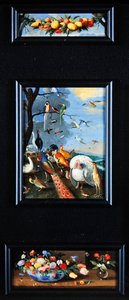 Zátiší obrázky - věnec z ovoce, různé ptáky, kytice od Jan van Kessel the Elder