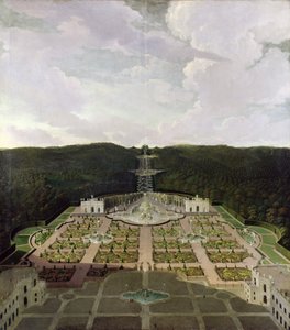 Pohled ze zahrady a jeskyně na úpatí vodopádů do oktagonu, po roce 1716