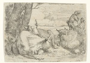 Tři krávy a dva pastýři od Jan van Ossenbeeck