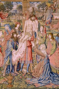 Vlámský gobelín. Řada Umučení Krista: Sestup z kříže (Kruisafneming, Descendimiento de la cruz). Výrobce Pieter van Aelst. Karikaturista Jan van Roome. Přibližně 1507-1520. Detail.
