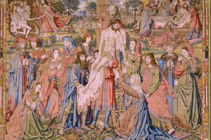 Vlámský gobelín. Řada Umučení Krista: Sestup z kříže (Kruisafneming, Descendimiento de la cruz). Výrobce Pieter van Aelst. Karikaturista Jan van Roome. Přibližně 1507-1520. Detail.