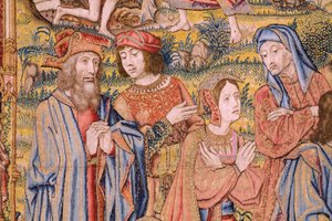 Vlámský gobelín. Řada Umučení Krista: Sestup z kříže (Kruisafneming, Descendimiento de la cruz). Výroba Pieter van Aelst. Karikaturista Jan van Roome. Přibližně 1507-1520. Detail.