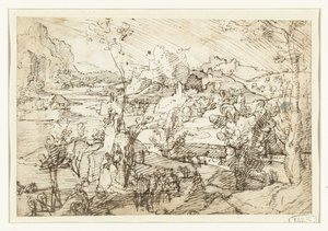 Krajina se skalami, postavami a plachetnicí od Jan van Scorel (attributed to)