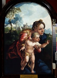 Panna a dítě (Panna a dítě). Obraz Jana Van Scorela (1495-1562). Olej na dřevě, 66 x 45 cm