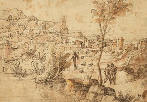 Krajina s pastýři u řeky a městem za řekou (recto); figurální studie a římské ruiny (verso) od Jan van Scorel