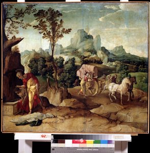 Křest (křest). Svatý Filip jáhen zvěstuje víru eunuchovi etiopské královny a křtí ho. Obraz Jana van Scorela (1495-1562). Olej na dřevě, 73 x 82 cm. Nizozemské umění, renesance. Muzeum Dálného východu, Chabarovsk.
