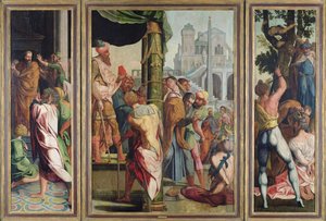 Kázání, zatčení a umučení svatého Jakuba Většího, z polyptychu svatého Štěpána a svatého Jakuba Většího, kolem roku 1541