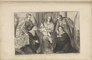 Marie s Ježíškem, sv. Lucie, svatá Kateřina Alexandrijská a dva zakladatelé