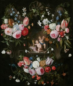 Kartušové zátiší květin kolem alegorického obrazu Putti s drahými předměty a maskou, 1648