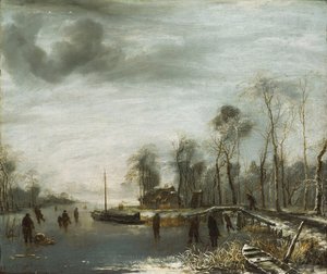 Zimní krajina s bruslaři a hráči Colf na zamrzlé vodní cestě, 1653