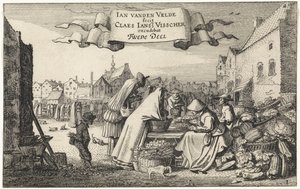 Postavy ve stánku se zeleninou na trhu Krajiny (název série) Amenissimae aliquot requculae (název série) od Jan van de Velde (II)