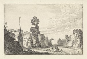 Postavy a dobytek ve vesnici s kostelem Krajiny (název série) Amenissimae aliquot requculae (název série) od Jan van de Velde (II)