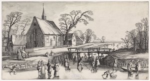 Zimní krajina s bruslaři poblíž vesnice Krajiny a zábavné památky Playsante (název série) od Jan van de Velde (II)