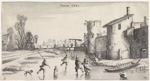 Zimní krajina s bruslaři u městské hradby Příjemná krajina a zábavné památky (název série) od Jan van de Velde (II)