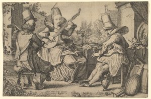 Dva elegantně oblečení muži a žena v zahradě, 1613-41. od Jan van de Velde II