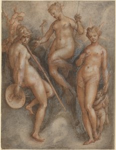 Tři bohyně: Minerva, Juno a Venuše, kolem roku 1587 (pero a hnědá tuš a černá a červená křída zvýrazněné bílou barvou na křídovém papíře) od Jan van der Straet