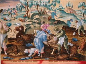 Vykopání a zajetí dikobrazů, deska 54 „Venationes Ferarum, Avium, Piscium“ (Lovu: Divoká zvěř, ptáci, ryby) rytý Jan Collaert (1566-1628) vydal Phillipus Gallaeus z Amsterdamu (ručně kolorovaná rytina)
