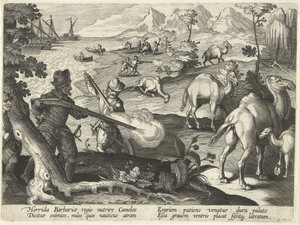 Námořníci v příšerné barbarské zemi zabíjejí velbloudy mušketami, aby jim ulevili od hladu, ilustrace z 