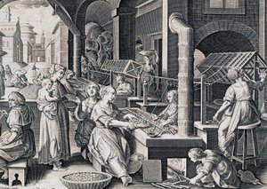 Vermis sericus, ženy spřádají hedvábí a zahřívají bource morušového v ohni, rytina Stradanus (1523-1605), Itálie od Jan van der Straet