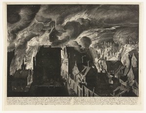Hašení těžkého požáru na Elandsgracht, 1679 Swaaren hoří, do Amsterdamu, mezi d