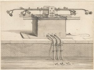 Dvojité sací čerpadlo před požární hadicí od Jan van der Heyden