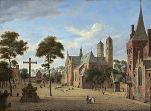 Pohled na Kolín nad Rýnem s věžemi kostela sv. Pantaleona a imaginární verzí lodi Martinikerku v Emmeriku od Jan van der Heyden